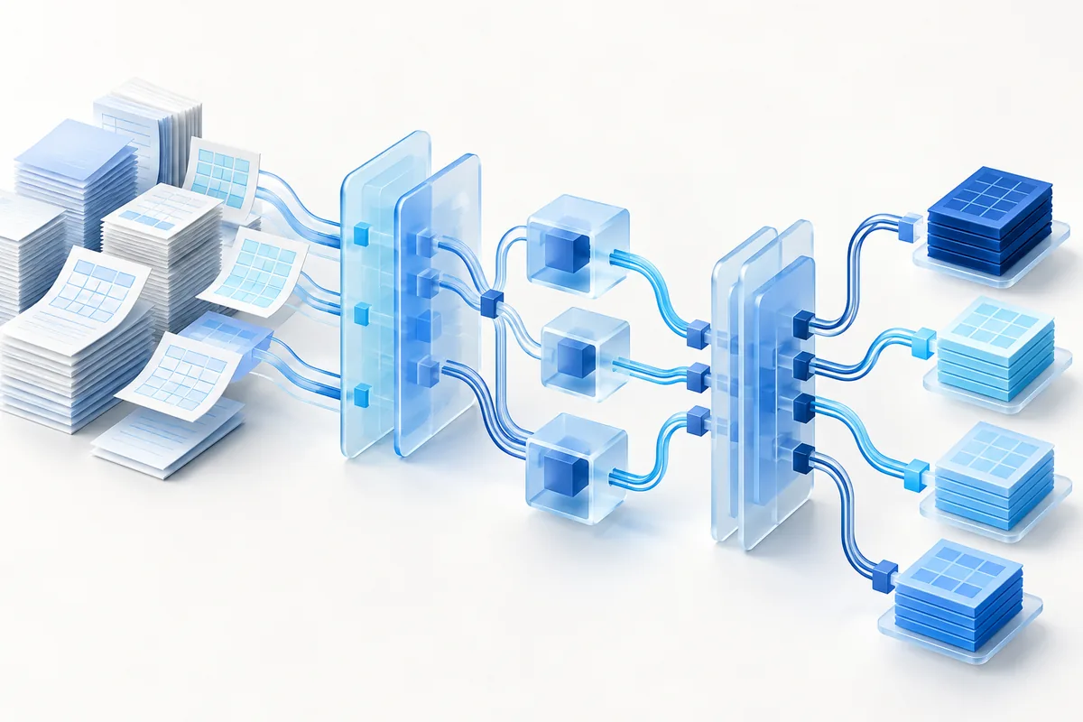 Illustration of information moving automatically between work steps